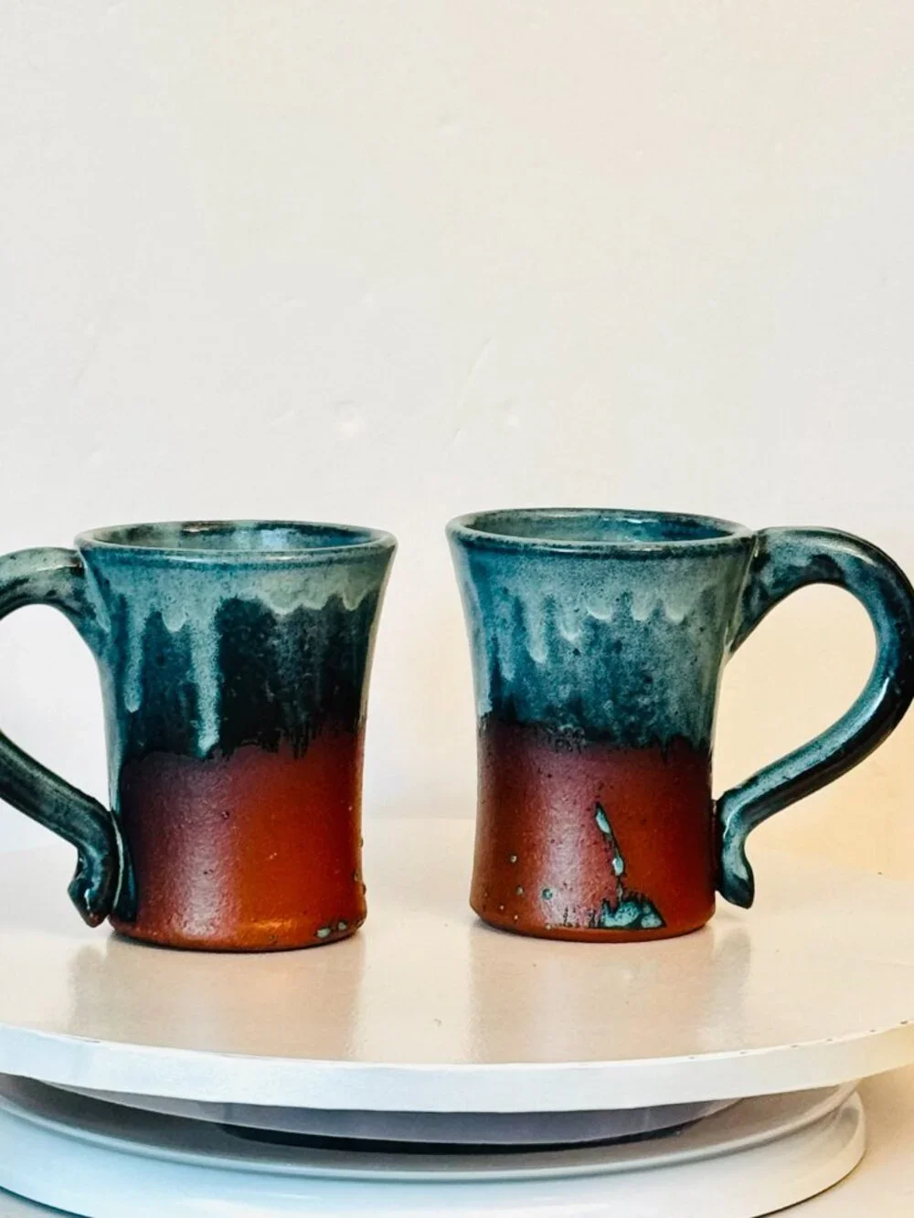 Pair Handmade Studio Pottery Mugs Joe Foster Terracotta Blue Green Drip Glaze